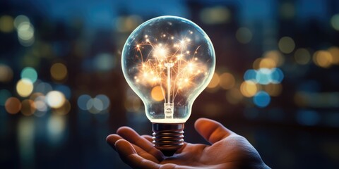 The concept of the development of an idea in the form of a light bulb in the hands of a businessman. generative ai