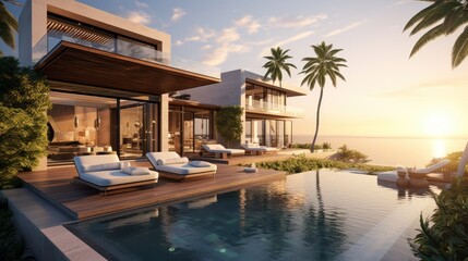 Fototapeta premium Describe a luxury villa equipped with the latest tech gadgets, such as smart mirrors, automated climate control, and entertainment systems
