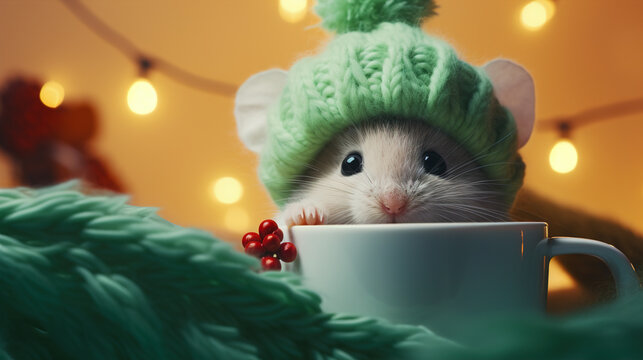 A cheerful cute mouse in a knitted hat drinks cocoa from a cup against the background of a winter forest with fir trees, snow and colorful lights. Postcard for the New Year holidays.