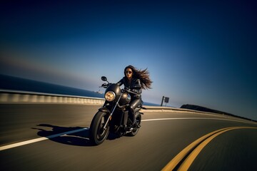 beautiful black-haired woman rides a motorcycle at high speed