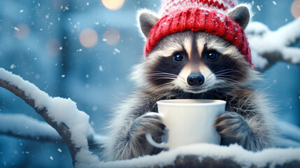 A cheerful cute raccoon in a knitted hat drinks cocoa from a cup against the background of a winter forest with fir trees, snow and colorful lights. Postcard for the New Year holidays.