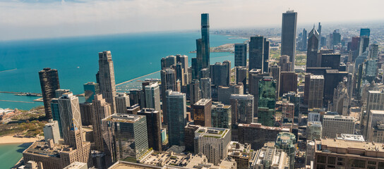 Fototapeta premium skyscraper aerial view. cityscape skyline. architectural building in metropolis. skyscraper architecture of chicago seaside city. metropolis city skyline. aerial view on downtown cityscape