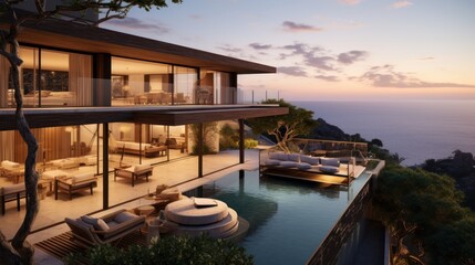 Luxury villa perched on a cliff or overlooking a scenic landscape, emphasizing its panoramic windows, balconies, and outdoor viewing points