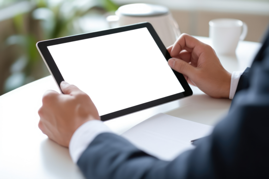 View over businessman shoulder hands using digital tablet at transparent working desk.