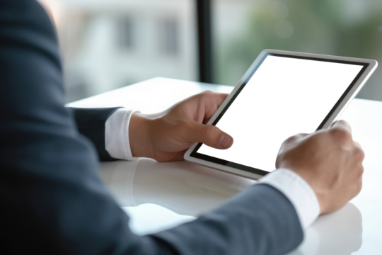View over businessman shoulder hands using digital tablet at transparent working desk.