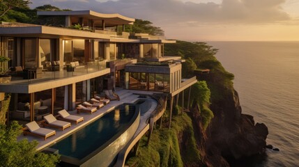Obraz premium Luxury villa perched on a cliff or overlooking a scenic landscape, emphasizing its panoramic windows, balconies, and outdoor viewing points