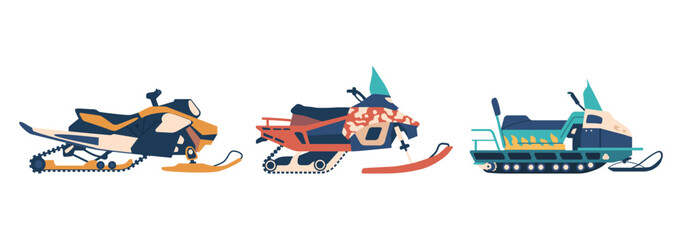 Isolated Snowmobiles, Winter Machines For Snowy Adventures With Powerful Engines And Skis For Smooth Glides