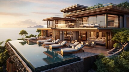 Luxury villa perched on a cliff or overlooking a scenic landscape, emphasizing its panoramic windows, balconies, and outdoor viewing points
