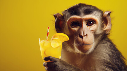 
An artistic, minimalistic, and illustrated animal portrait. A monkey stands and enjoys a refreshing fruit drink against a yellow background. - obrazy, fototapety, plakaty