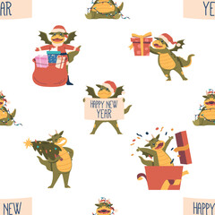 Fototapeta premium Seamless Pattern Featuring Adorable Christmas Dragons In Festive Attire, Spreading 2024 New Year Cheer, Vector Tile