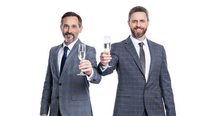 celebrate business deal. two businessmen celebrating contract deal with champagne. successful agreement in business deal. businessmen dealing isolated on white. partnership celebration concept