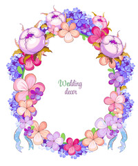 Fototapeta na wymiar Floral festive wreath of delicate buds in vintage pastel colors. Vector in watercolor technique on a white background. A frame of flowers with a place for the inscription.