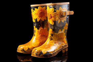 Pair of rubber boots with yellow flowers on a black background. - obrazy, fototapety, plakaty