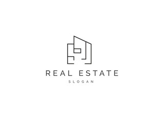 Real estate logo simple line art style on white background. Creative logo building Construction, company, business flat vector design template.