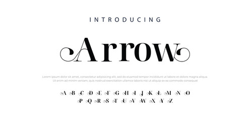 ARROW Luxury wedding alphabet letters font with tails. Typography elegant classic lettering serif fonts and number decorative vintage retro concept for logo branding. vector illustration - obrazy, fototapety, plakaty