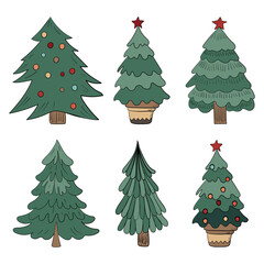 Set of isolated illustrations of hand drawn Christmas trees