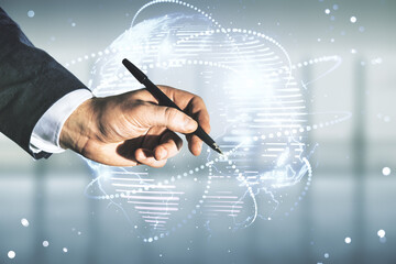 Man hand with pen working with abstract graphic digital world map with connections on blurred office background, globalization concept. Multiexposure