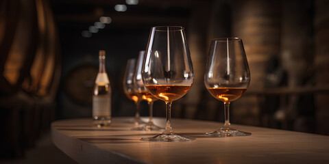 Glasses of cognac on the table in the cellar of traditional winery.