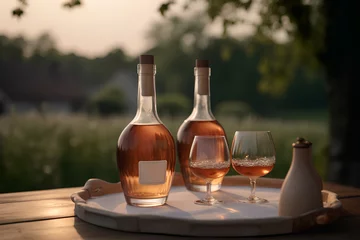 Fotobehang Cognac in the bottles and glasses on the table outdoors on background of winery yard © tynza