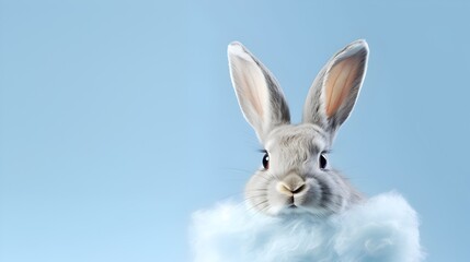 Obraz premium Fluffy cute Easter bunny and chocolate eggs on blue background