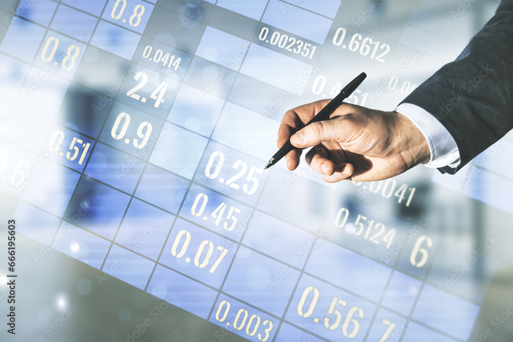 Poster Man hand with pen working with abstract virtual stats data hologram on blurred office background. Multiexposure
