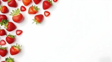 Sweet strawberries scattered on white background, space for text