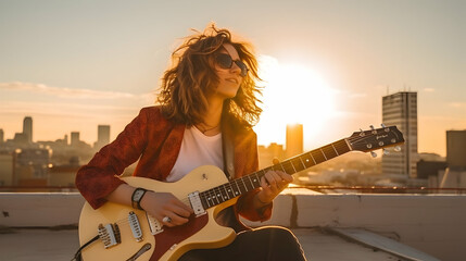 Young cheerful girl musician playing the guitar on the roof at sunset