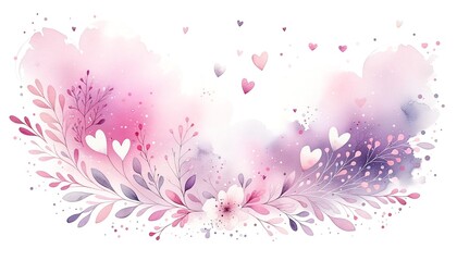A dreamy watercolor wash in delicate pinks and purples, beautifully adorned with floating heart confetti, crafting the perfect ambiance for Valentine's Day celebrations.