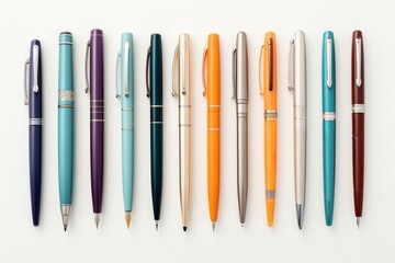 A selection of colorful, high-quality writing instruments, flawlessly isolated on a clean white background