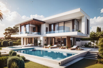 Fototapeta premium modern luxury duplex house with a flower garden and pool on the hill evening view 