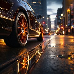 Car rims in the display case and asphalt background are neatly arranged in various shapes and sizes for automotive purposes, modification, industry, inspiration, catalogs, etc. Generative Ai Image - obrazy, fototapety, plakaty