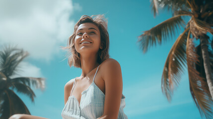 Summer vacation on a tropical island. Young woman in the sunlight near a palm tree against the blue sky.  - obrazy, fototapety, plakaty