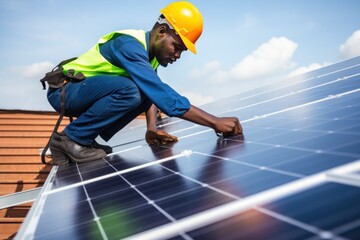Process of installing solar panels on the roof of a small house. African American male engineer install and connect a solar panel system. Green energy and energy saving.