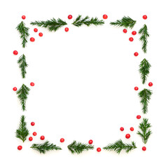 Fir and holly red berry winter Christmas background border. Minimal festive nature design for...