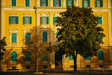 Front view of a building on golden hour in Rijeka, Croatia