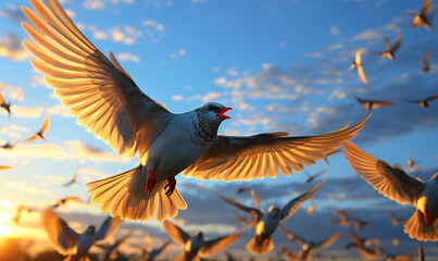 Obraz premium A bird with outstretched wings soars among a flock against the sunset’s glow.