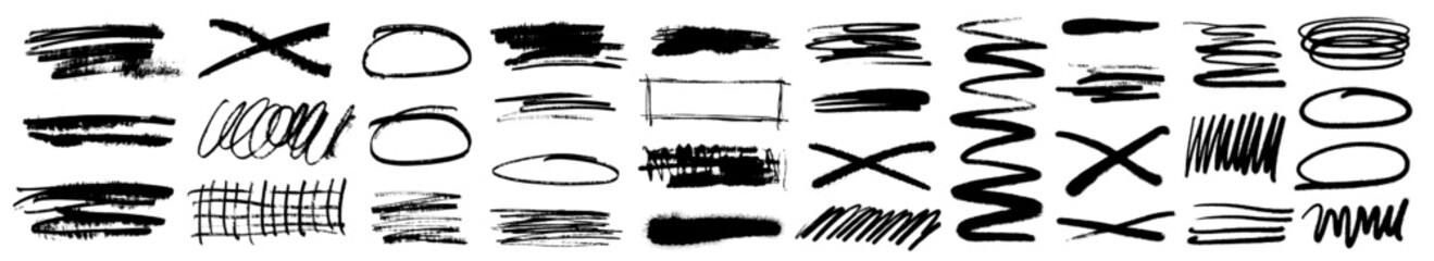 Grunge scrawls, charcoal scribbles, rough brush strokes, underlines and circles. Bold charcoal freehand stripes and ink textures. Crayon or marker scribbles. Vector illustration