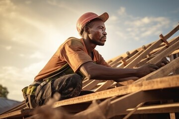Young African American man in hardhat is working on the construction of a wooden frame house. Male roofer is in the process of strengthening the wooden structures of the roof of a house.