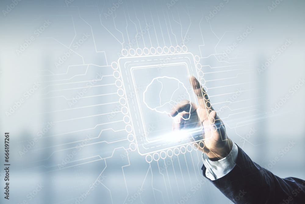 Poster man hand clicks on virtual creative artificial intelligence hologram with human brain sketch on blur
