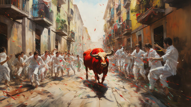 oil painting on canvas, Bulls and people running on the street. Bulls of Eduardo Miura in the eighth and last running of the bulls of the festival of San Fermin. Spain. (ai generated)