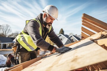 Mature man in hardhat is working on the construction of a wooden frame house. Male roofer is in the process of strengthening the wooden structures of the roof of a house. - obrazy, fototapety, plakaty