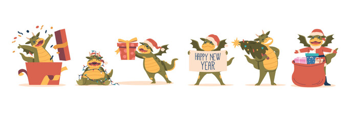 Cartoon Dragon Symbol of 2024 New Year. Funny Mascot in Santa Hat Wrapped with Garland, Holding Bag with Gifts