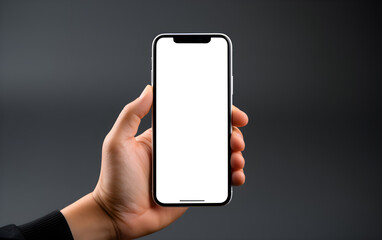 Phone mockup in hand, Studio shot of smartphone with blank transparent screen for web site design and app for mobile phone, Isolated design element Black background, transparent background