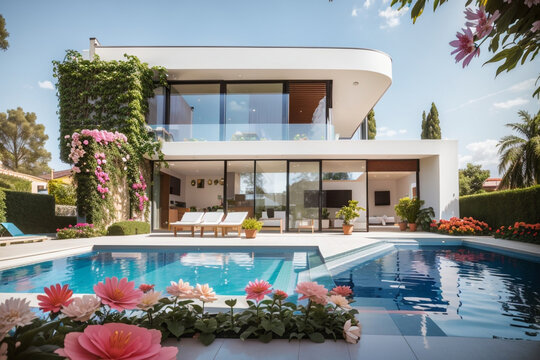 modern luxury duplex house with a beautiful flower garden and pool 