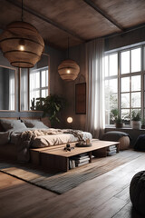 Boho style bedroom interior with wooden floor, walls and ceiling