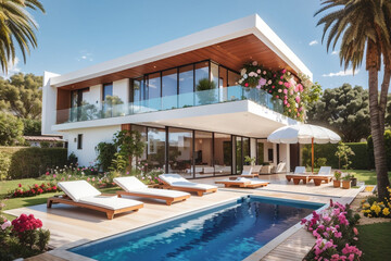 Fototapeta premium modern luxury duplex house with a beautiful flower garden and pool 