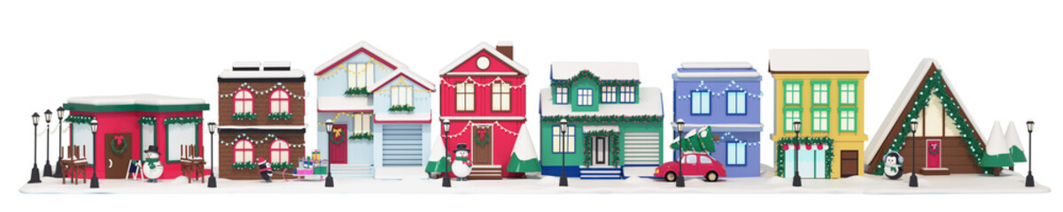 Neighborhood with residential Christmas houses. The concept of a Christmas street decorated for the new year. resident snowmen are getting ready for the new year. 3d render illustration design concept