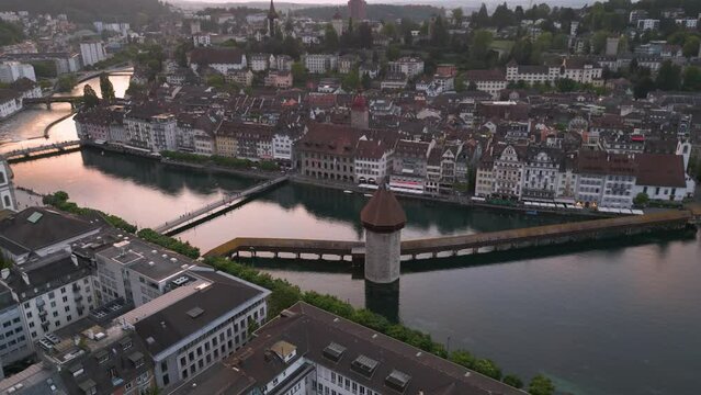 drone footage of Lucerne at sunset