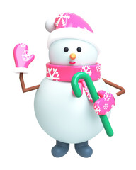A snowman with a pink hat and a cute scarf with gloves The concept of a smiling snowman holding a lollipop with a waving hand greeting the new year and Christmas. 3d render illustration design concept