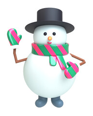 A snowman with a black hat and a cute scarf with gloves. The concept of a smiling snowman waving his hand welcoming the new year and Christmas..3d render illustration design concept